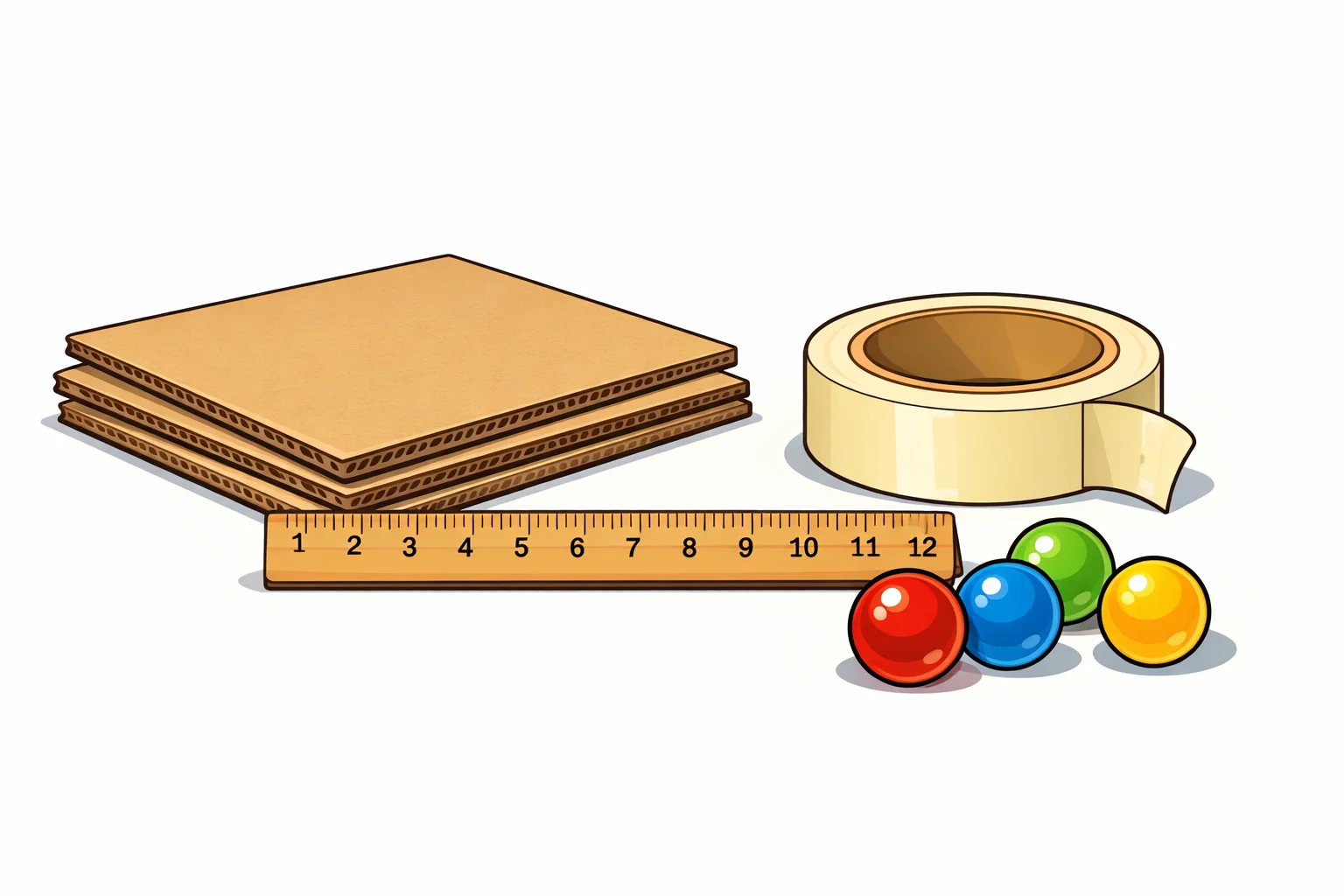 Cartoon illustration of cardboard, a ruler, tape, and marbles for an inclined plane experiment. Cartoon illustration of cardboard, a ruler, tape, and marbles for an inclined plane experiment.