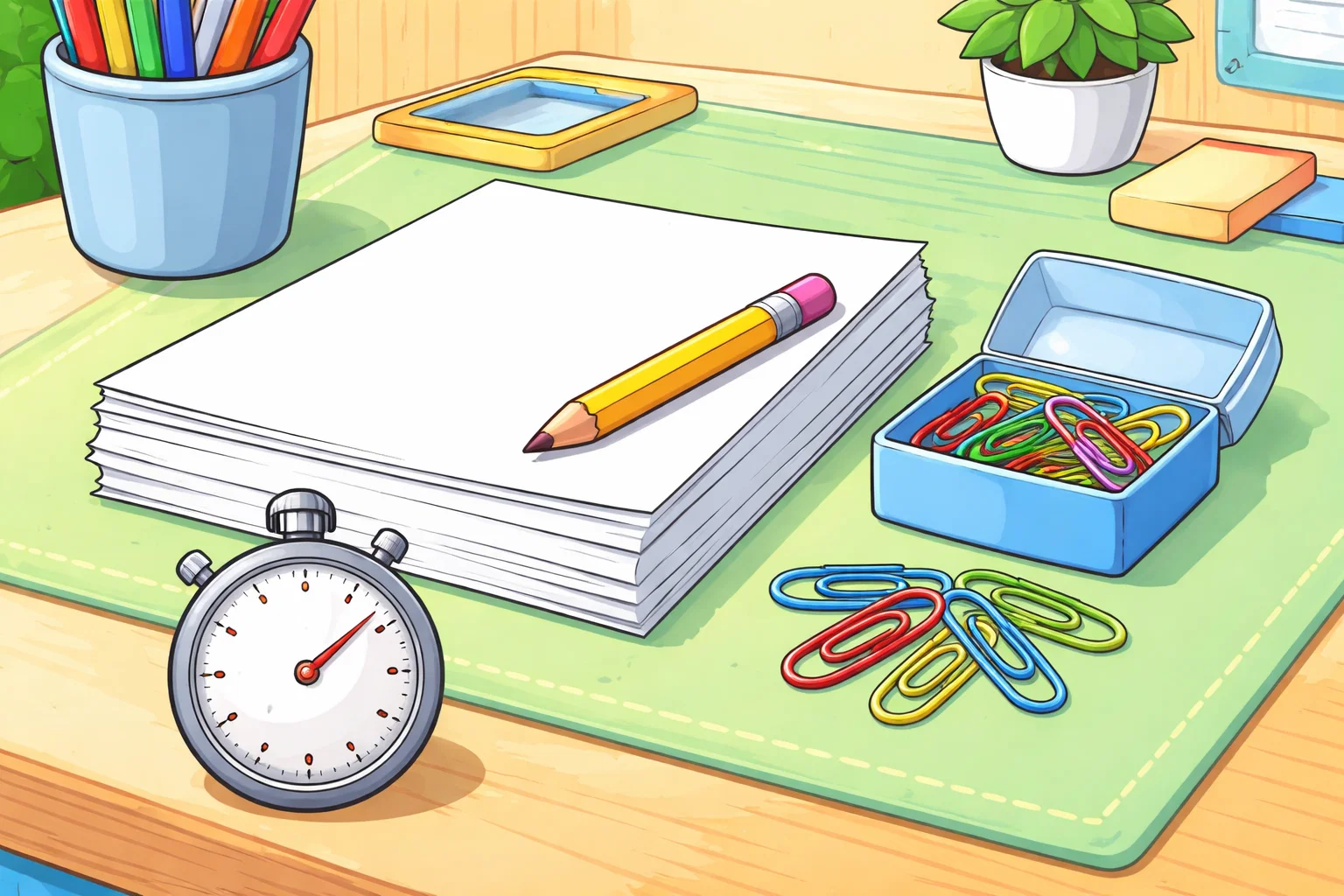 Cartoon school supplies like paper, a stopwatch, and paper clips organized on a desk for a STEM project. Cartoon school supplies like paper, a stopwatch, and paper clips organized on a desk for a STEM project.
