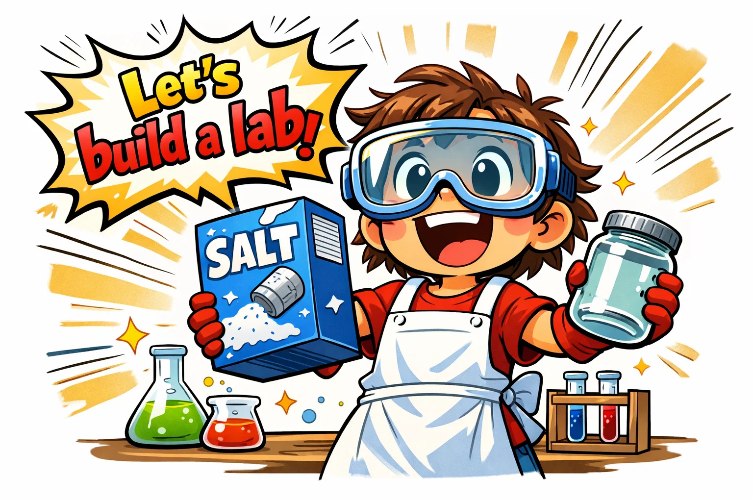 A playful cartoon of a child with safety goggles and salt preparing a home science lab. A playful cartoon of a child with safety goggles and salt preparing a home science lab.