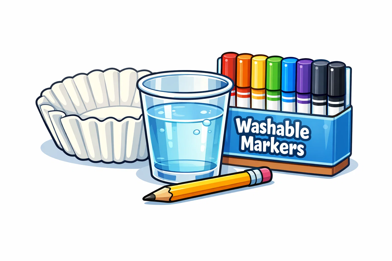 A simple cartoon layout of coffee filters, markers, a pencil, and a water cup for a science project.