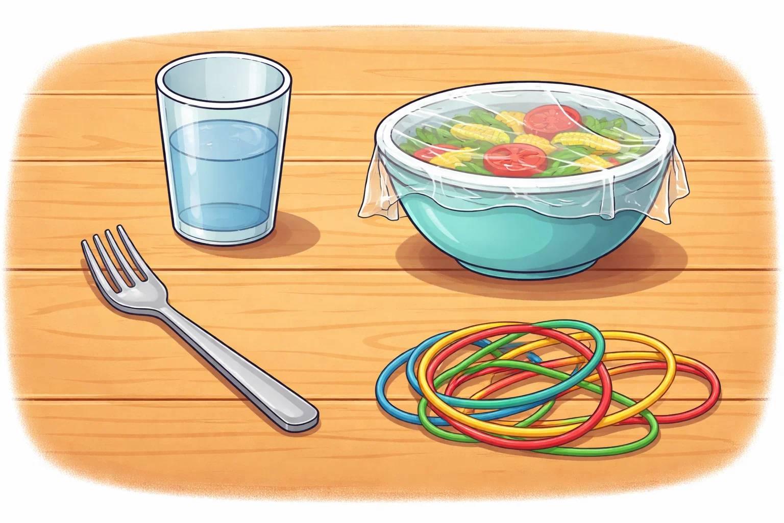 Cartoon of a bright table organized with a fork, plastic cup, bowl, and colorful rubber bands for science. Cartoon of a bright table organized with a fork, plastic cup, bowl, and colorful rubber bands for science.