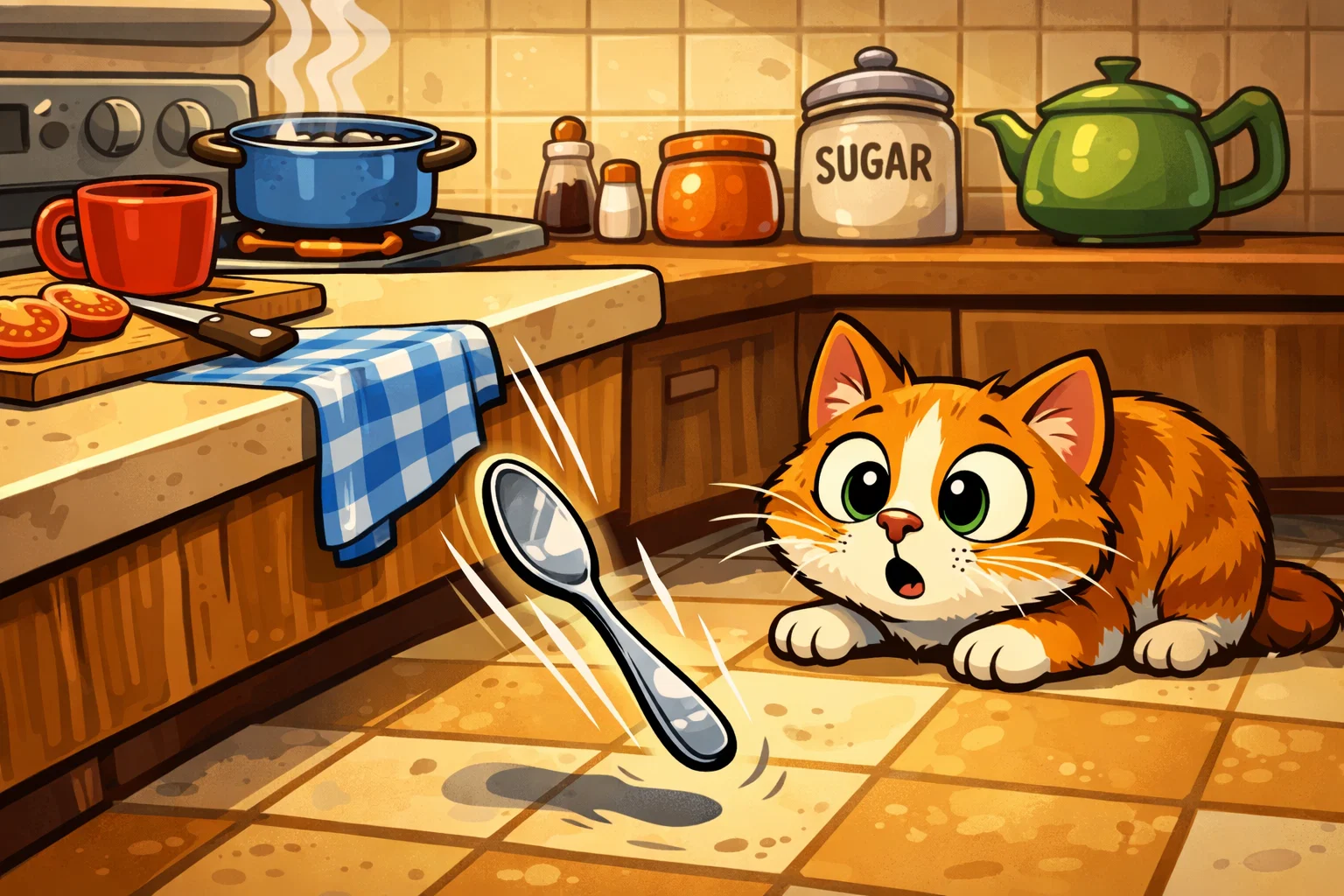 Cartoon of a spoon falling in a kitchen to show everyday physics.