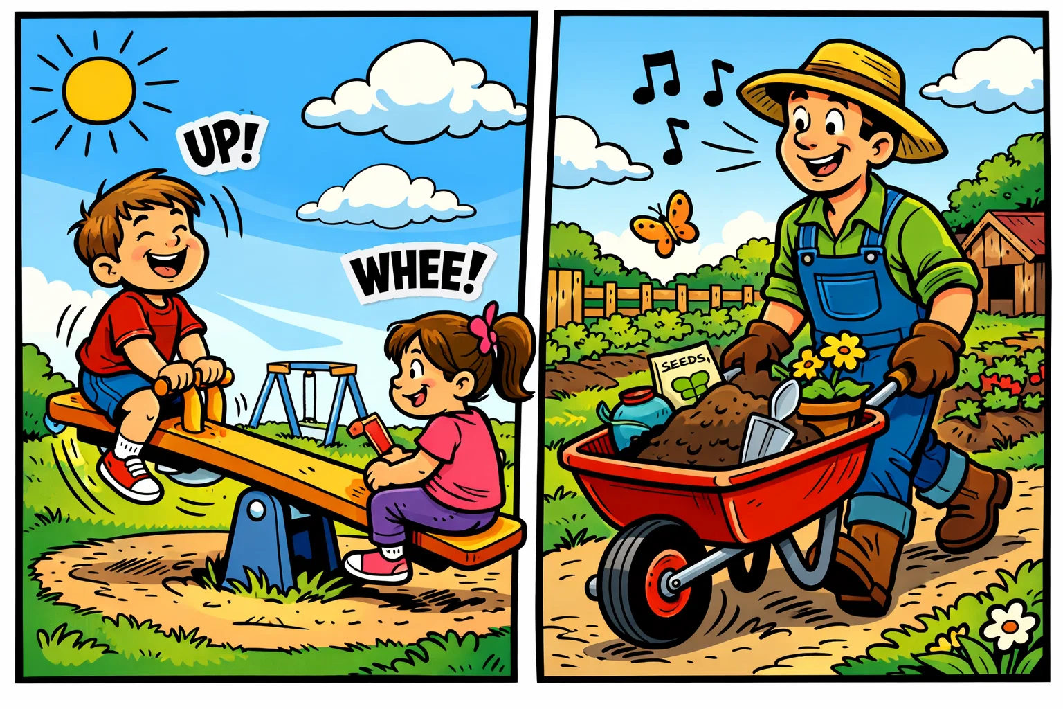 Cartoon showing a seesaw in a park and a wheelbarrow in a garden as real-world lever examples.