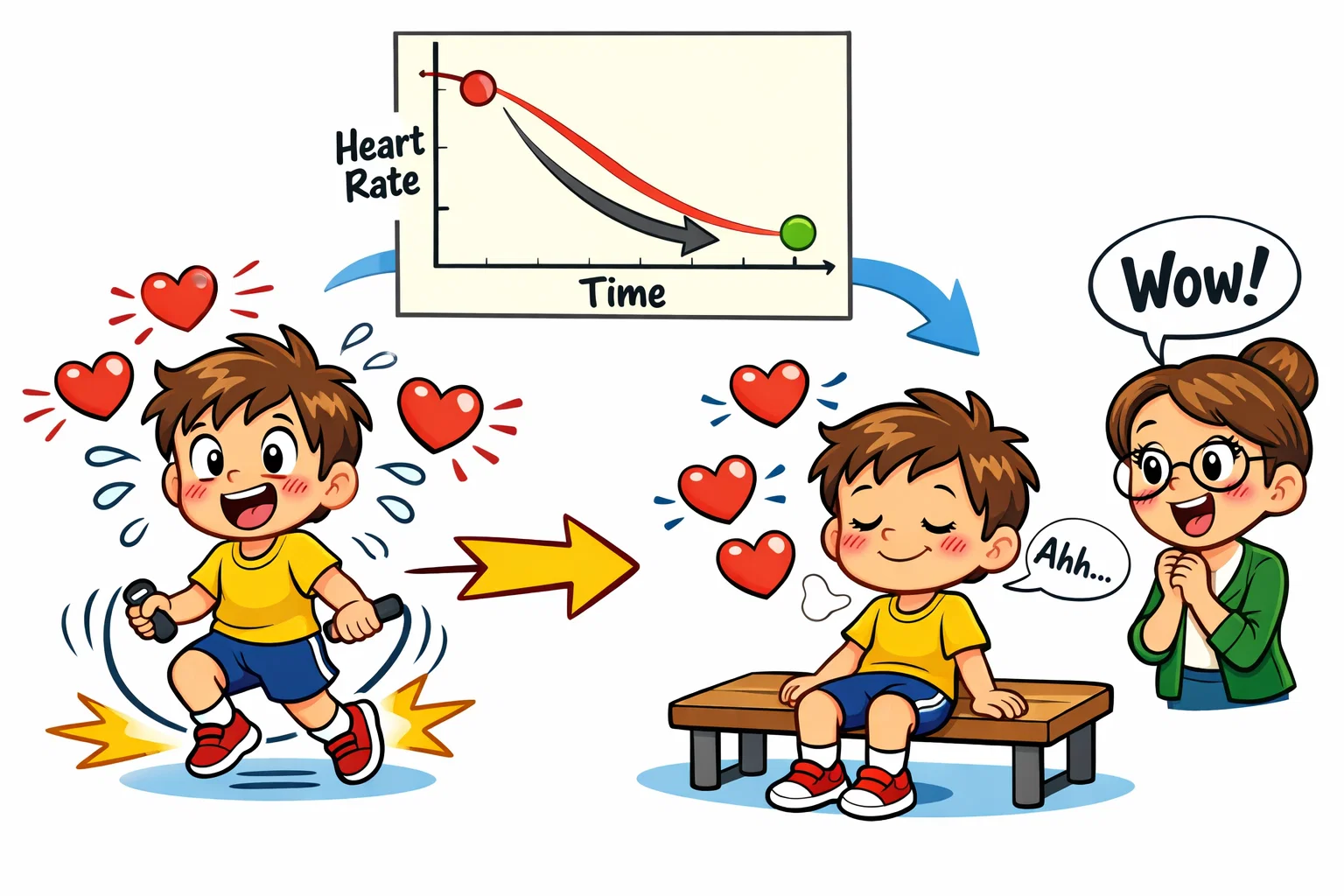 Exercise recovery time shown by heart rate changes for kids experiment.