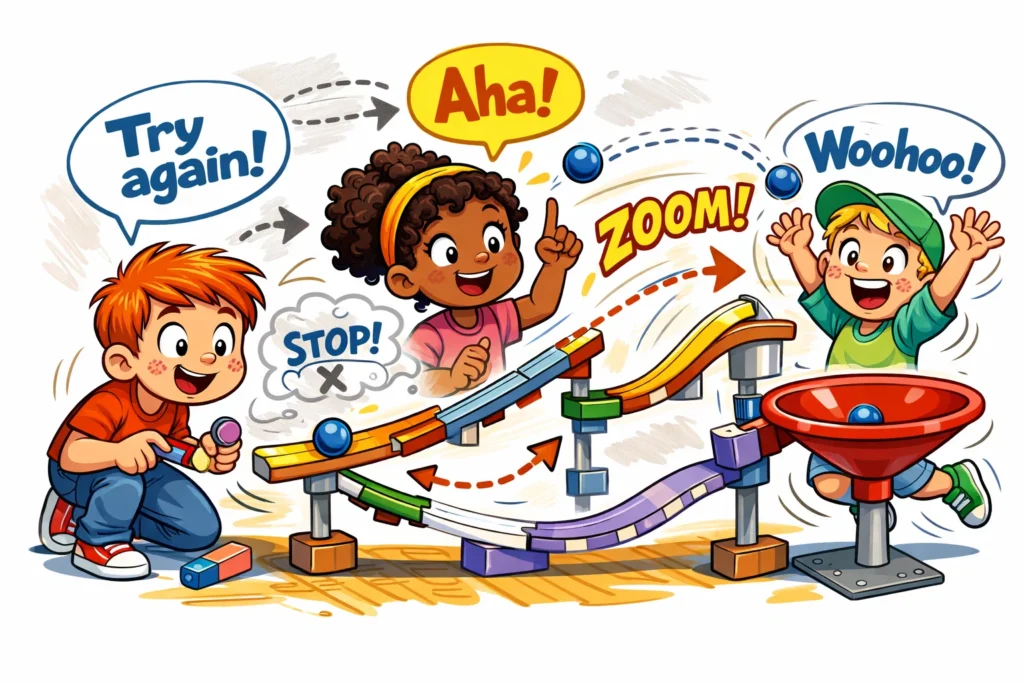 Experimenting and improving marble run distance by testing track angles and joints.
