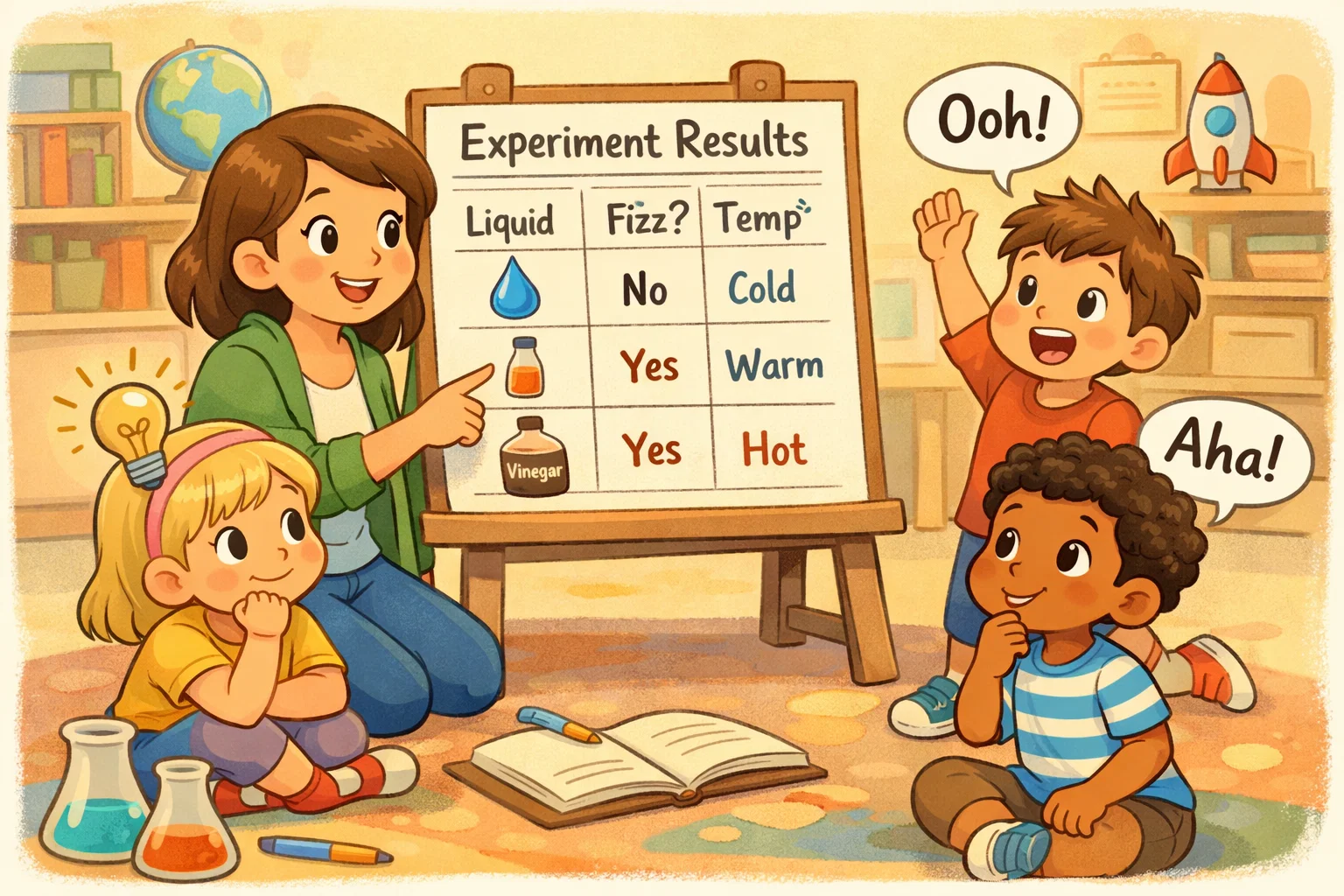 Explaining bird beak experiment results to kids after testing tools and foods.