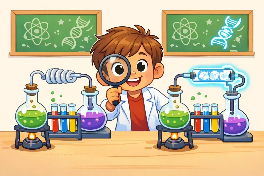 Fair test concept in science using clear experiment comparison for kids.