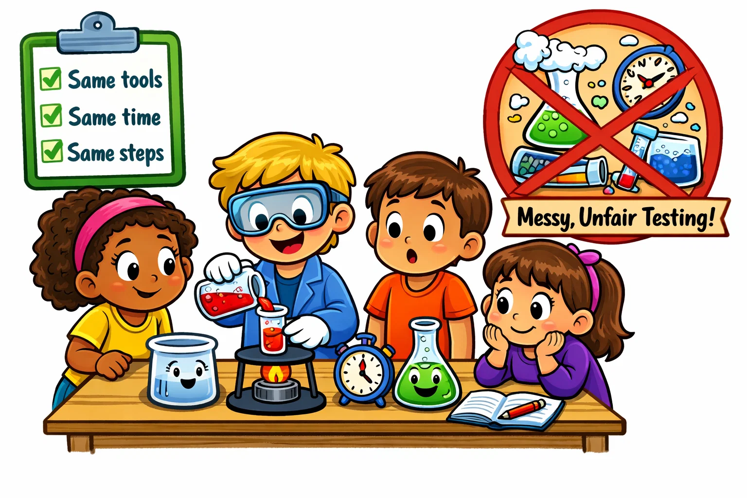 Fair test experiments for kids showing bias and controls in simple science activities.