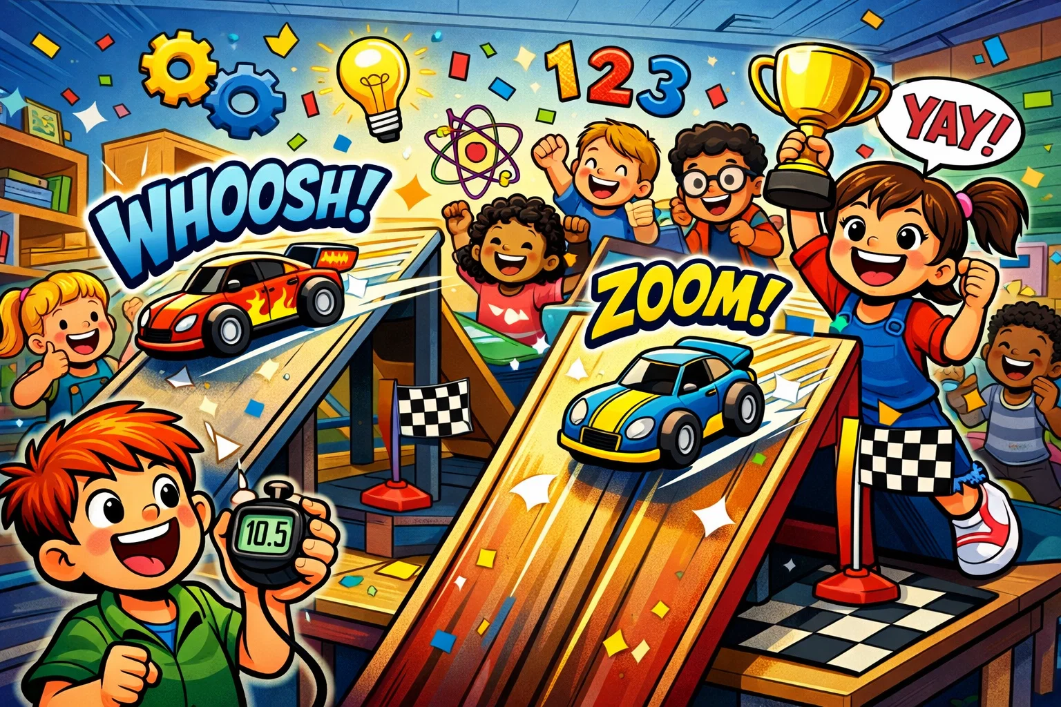 Kids racing toy cars in fastest ramp racer challenge with STEM learning and speed fun.