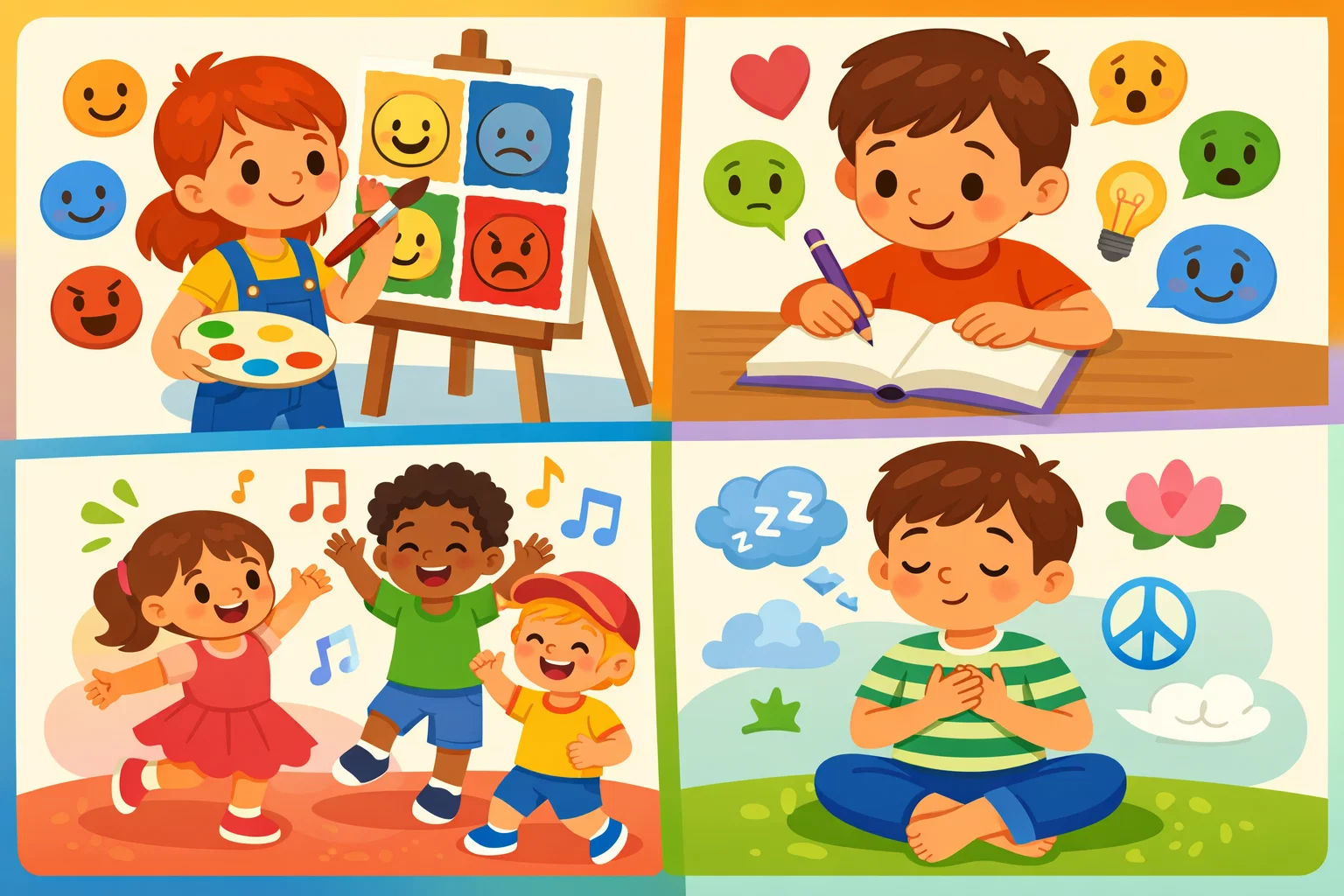 Different feelings activities categories for kids including art, movement, and music.