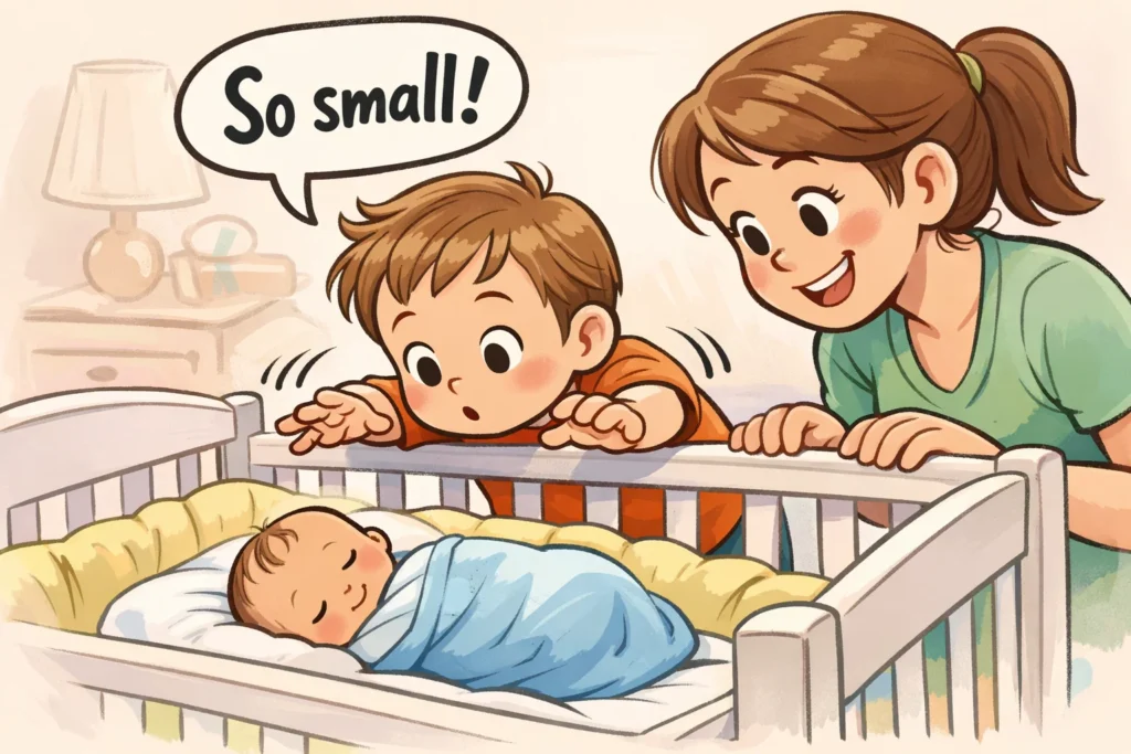 First interaction toddler newborn with gentle touch and parental supervision.