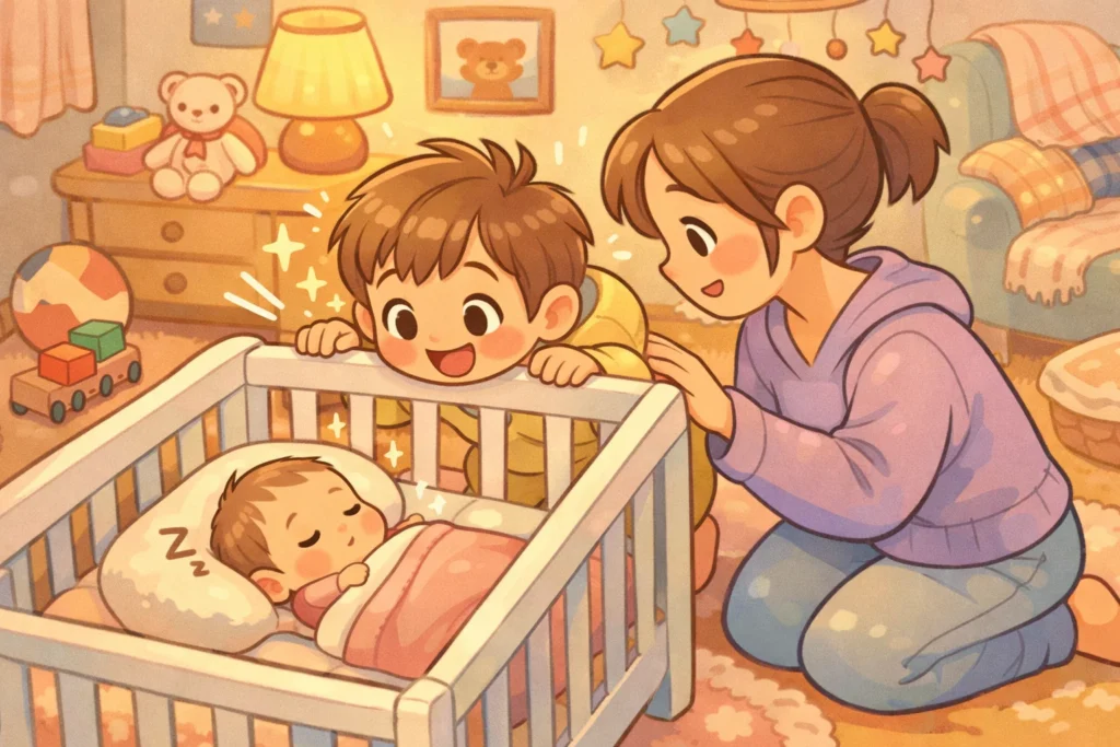 First meeting toddler and newborn at home with gentle interaction and parental support.