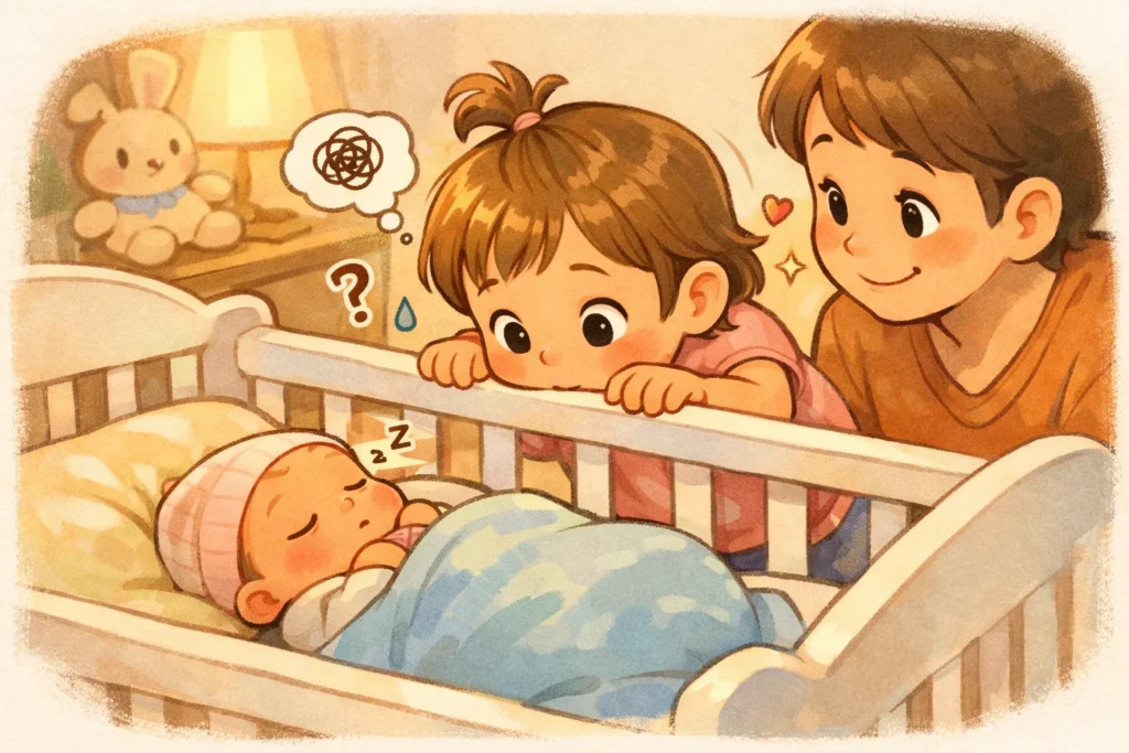 First meeting with new sibling showing a toddler calmly interacting with a newborn baby.