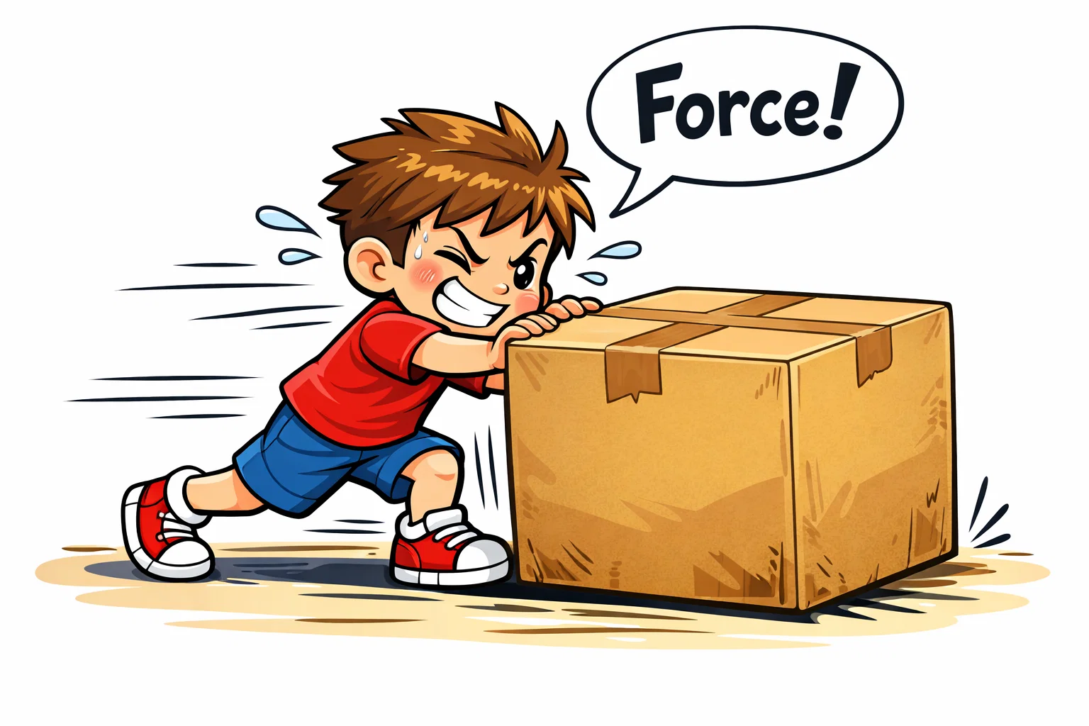 A playful cartoon of a child pushing a heavy cardboard box to demonstrate the concept of force.