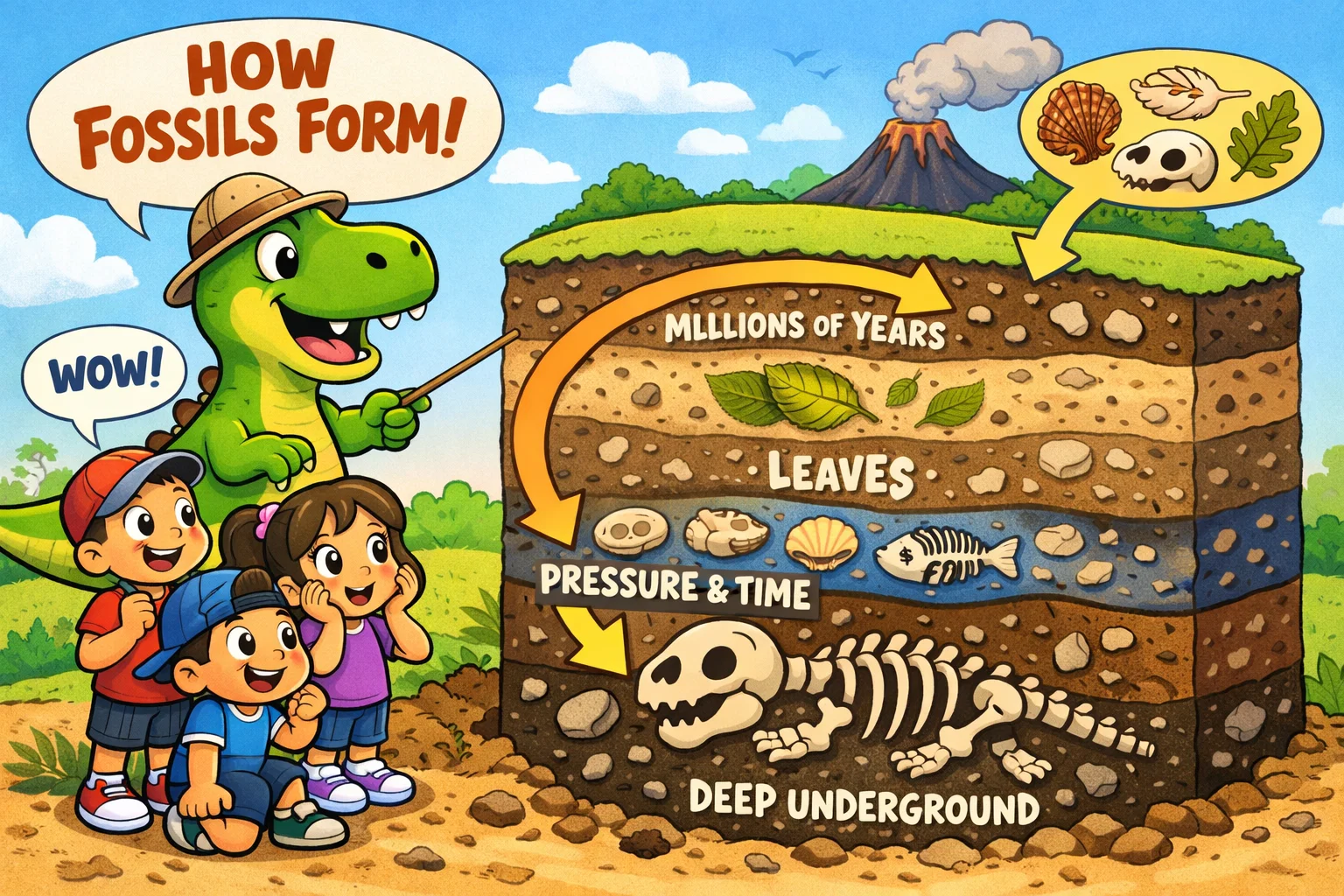 Fossil formation basics for kids with dinosaur fossils and layered sediment.