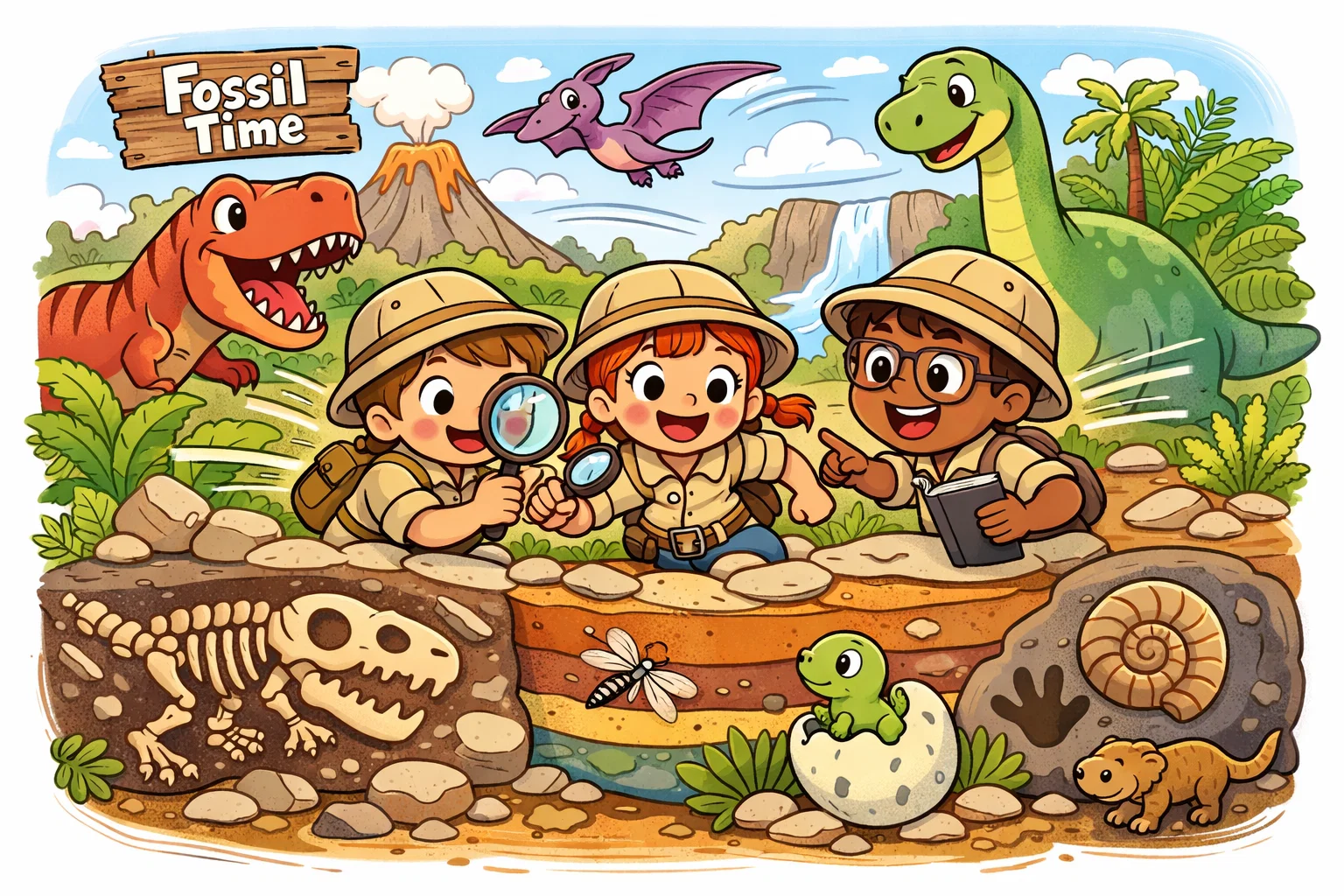 Fossil formation experiment for kids showing a journey through prehistoric time.