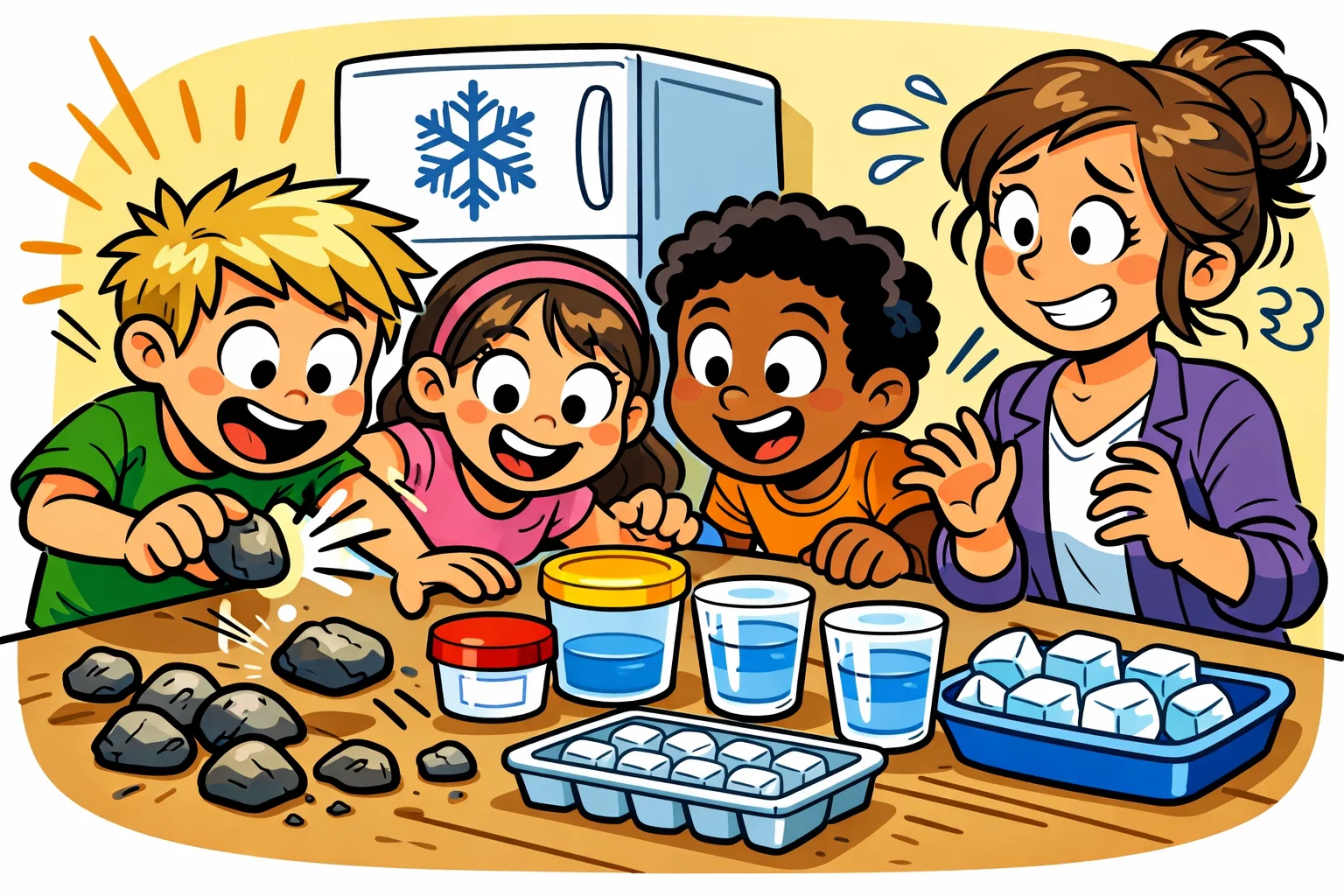 Freeze thaw experiment materials with rocks water containers and ice for kids.