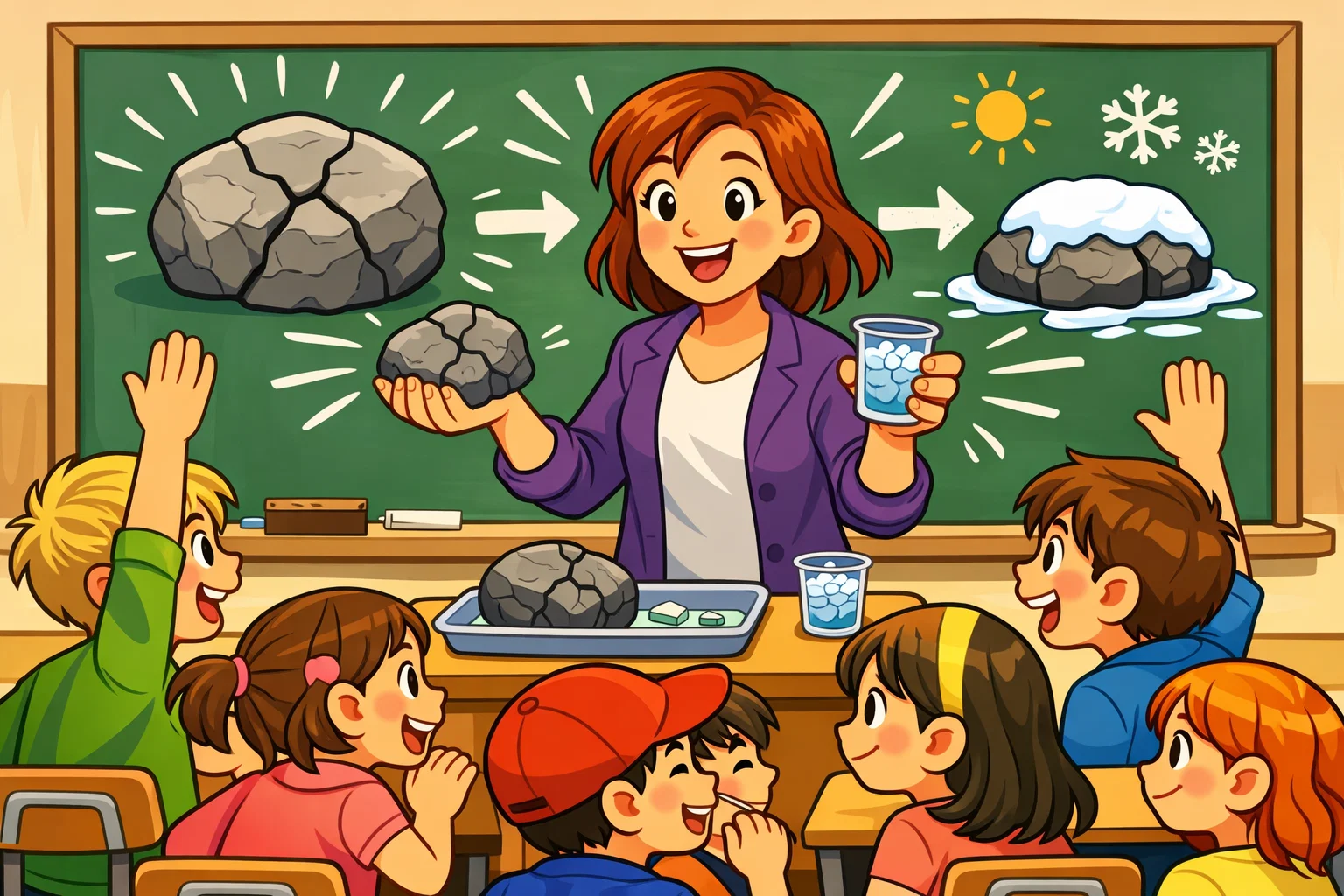 Freeze thaw weathering classroom use with teacher and students during science lesson.