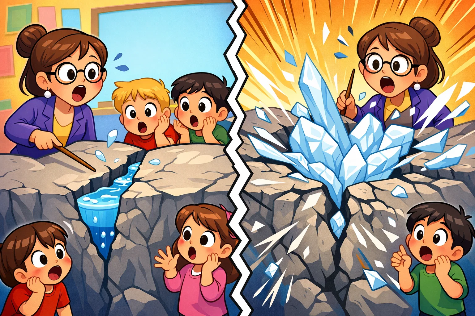 Freeze thaw weathering concept showing ice expansion breaking rocks over time.