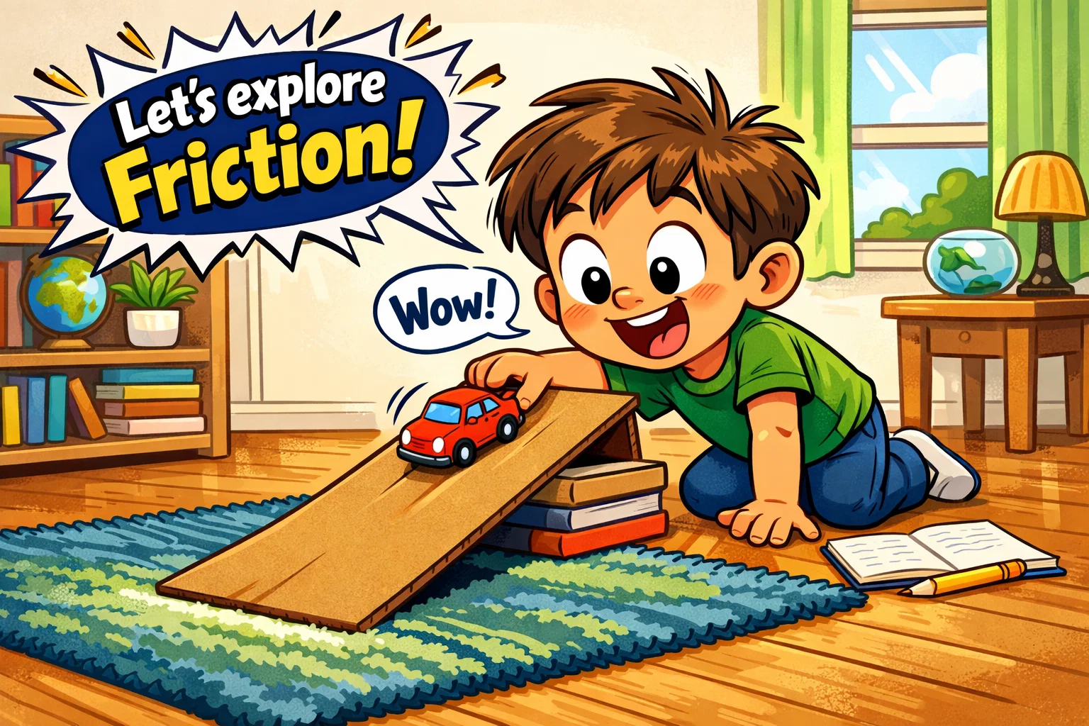 A cartoon child sliding a toy car down a ramp on a rug to test friction at home.