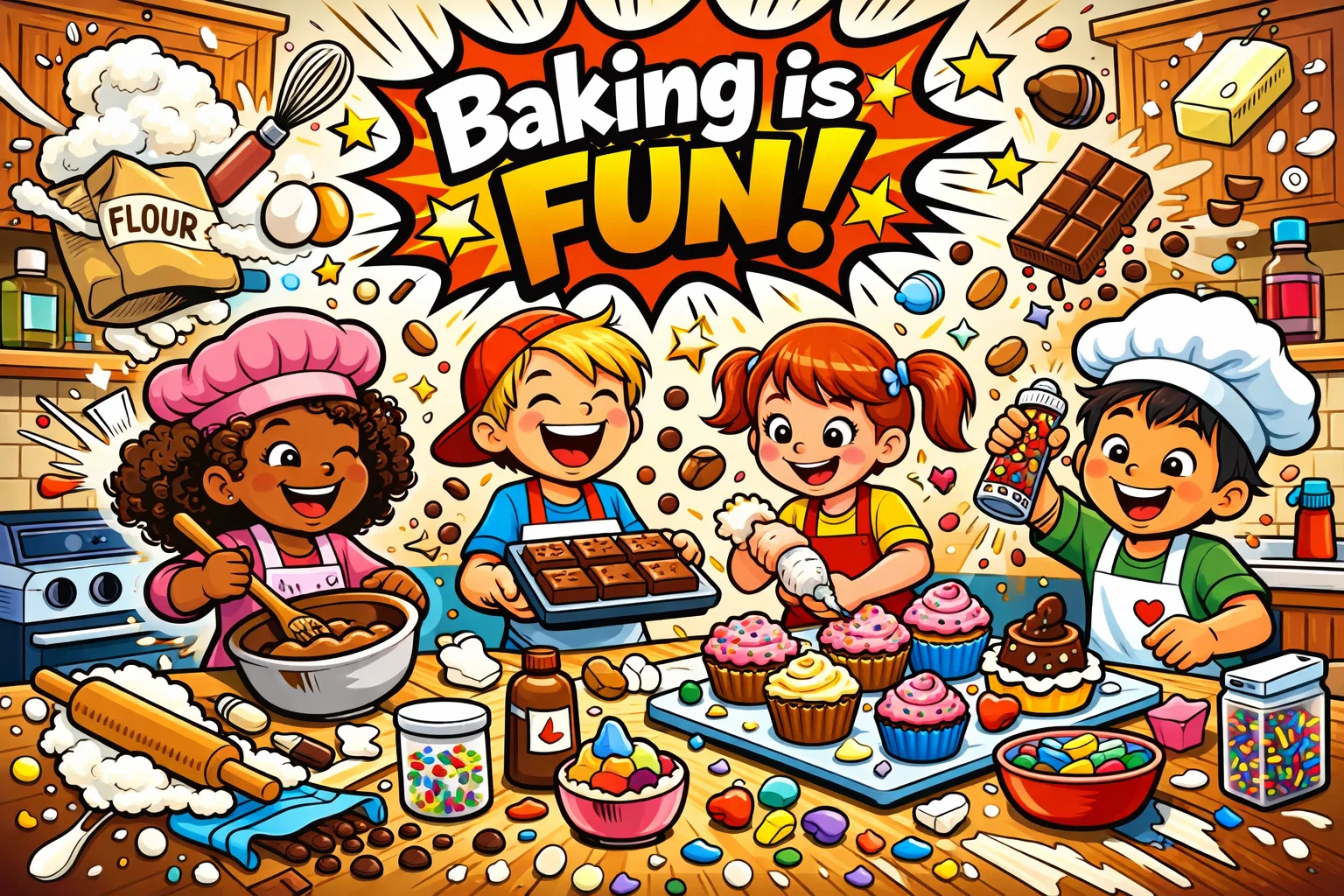 Fun baking activities for kids making desserts together in a bright cartoon kitchen.