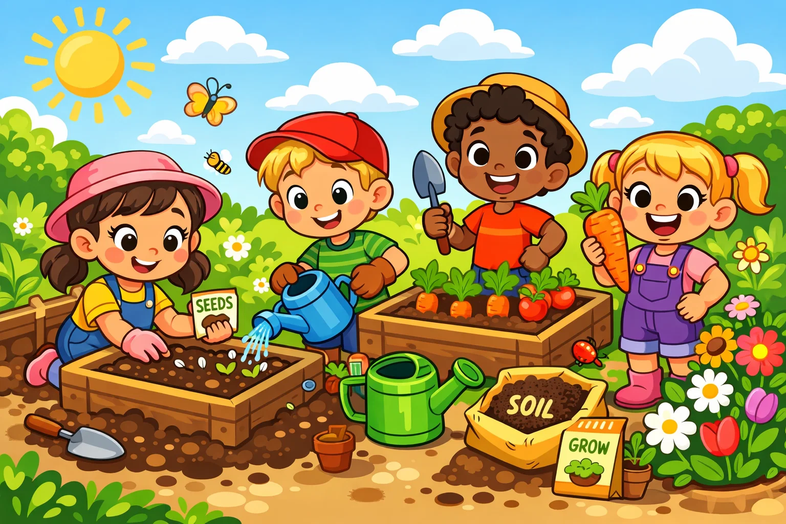 Gardening and planting activities for kids planting seeds and watering plants in spring.