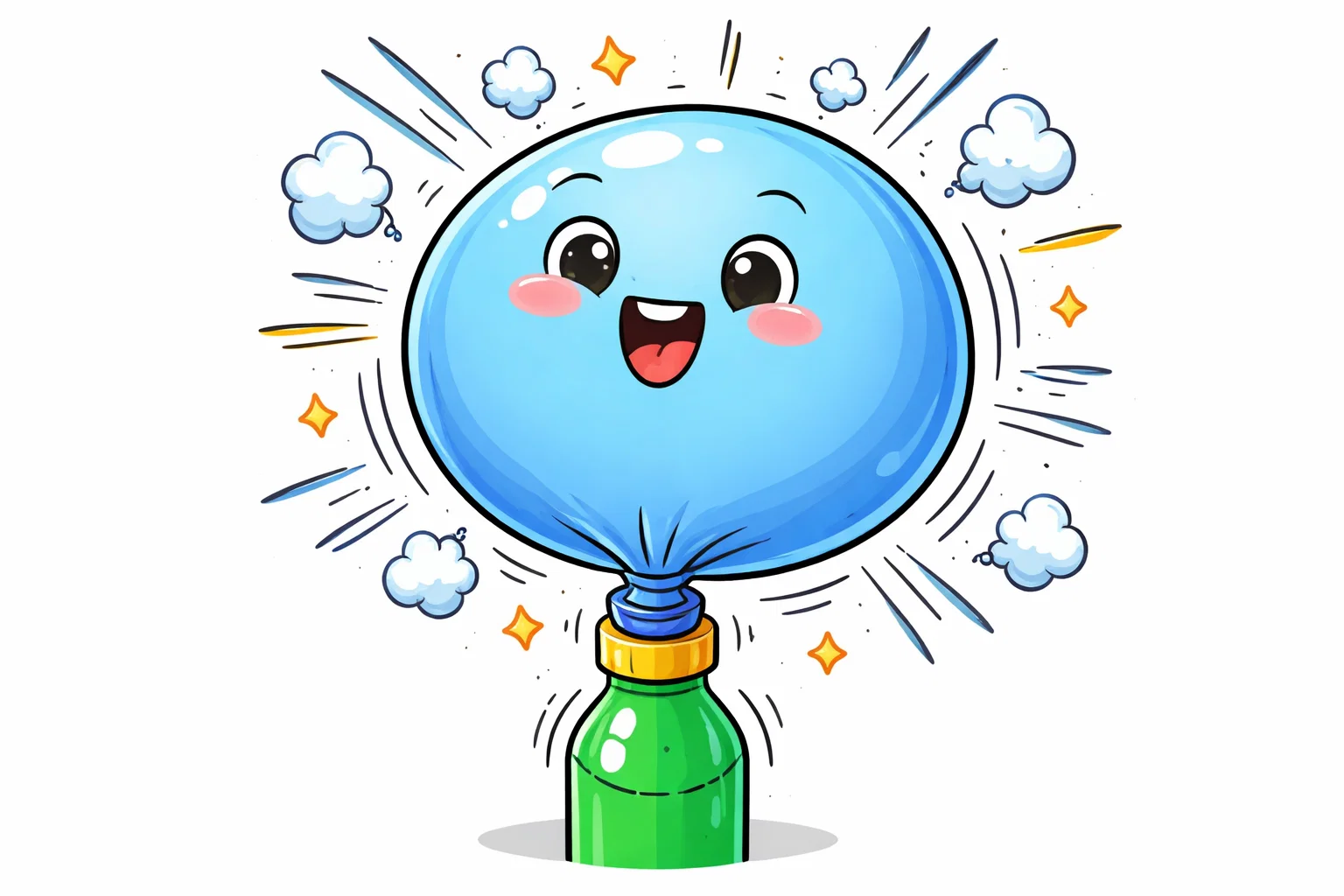 Cartoon of a smiling balloon expanding on a bottle with small happy gas clouds inside and motion lines.