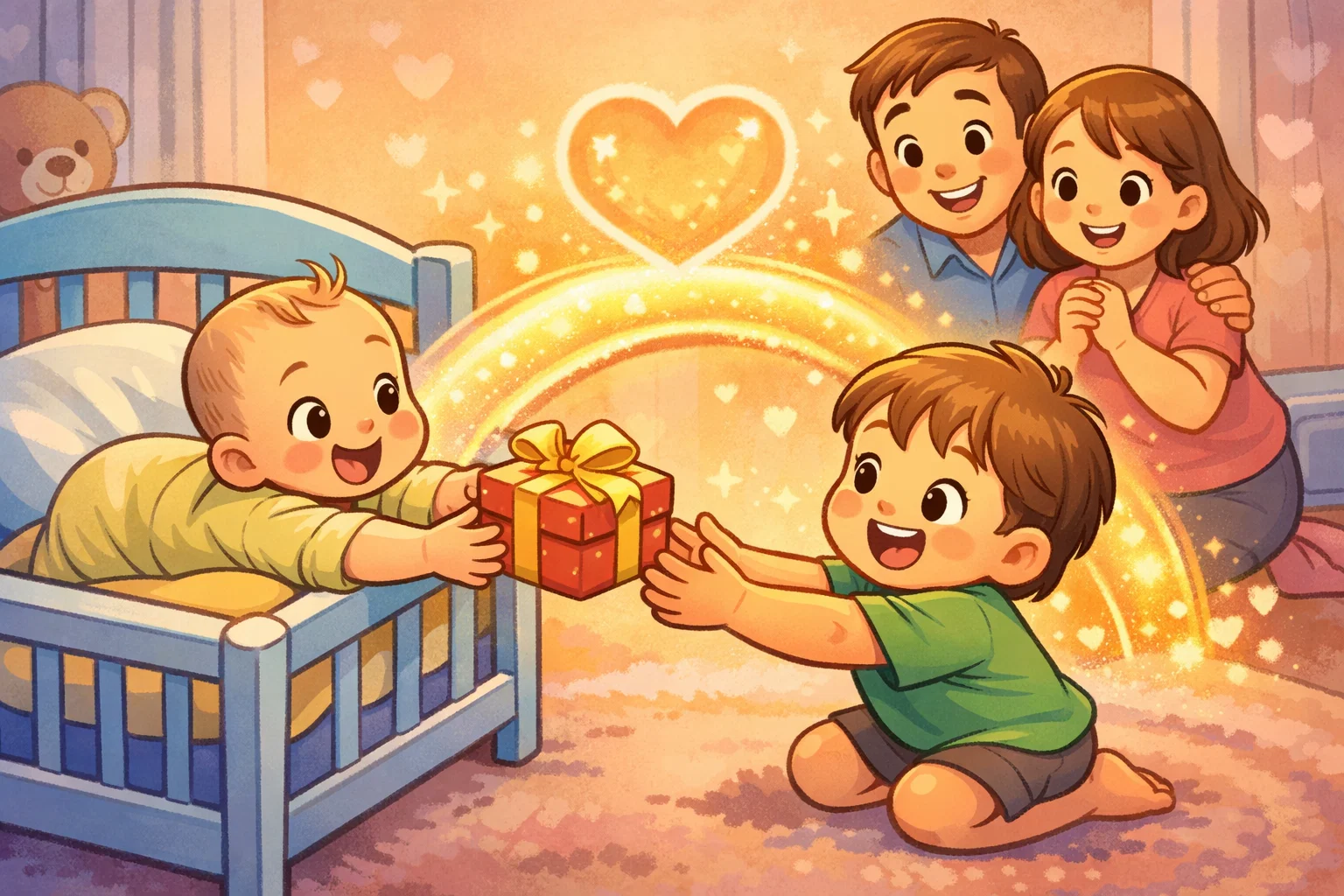 Gift from baby to toddler bonding moment that supports sibling connection.