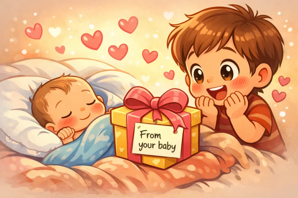 Gift from newborn to older sibling symbolizing inclusion and emotional reassurance.