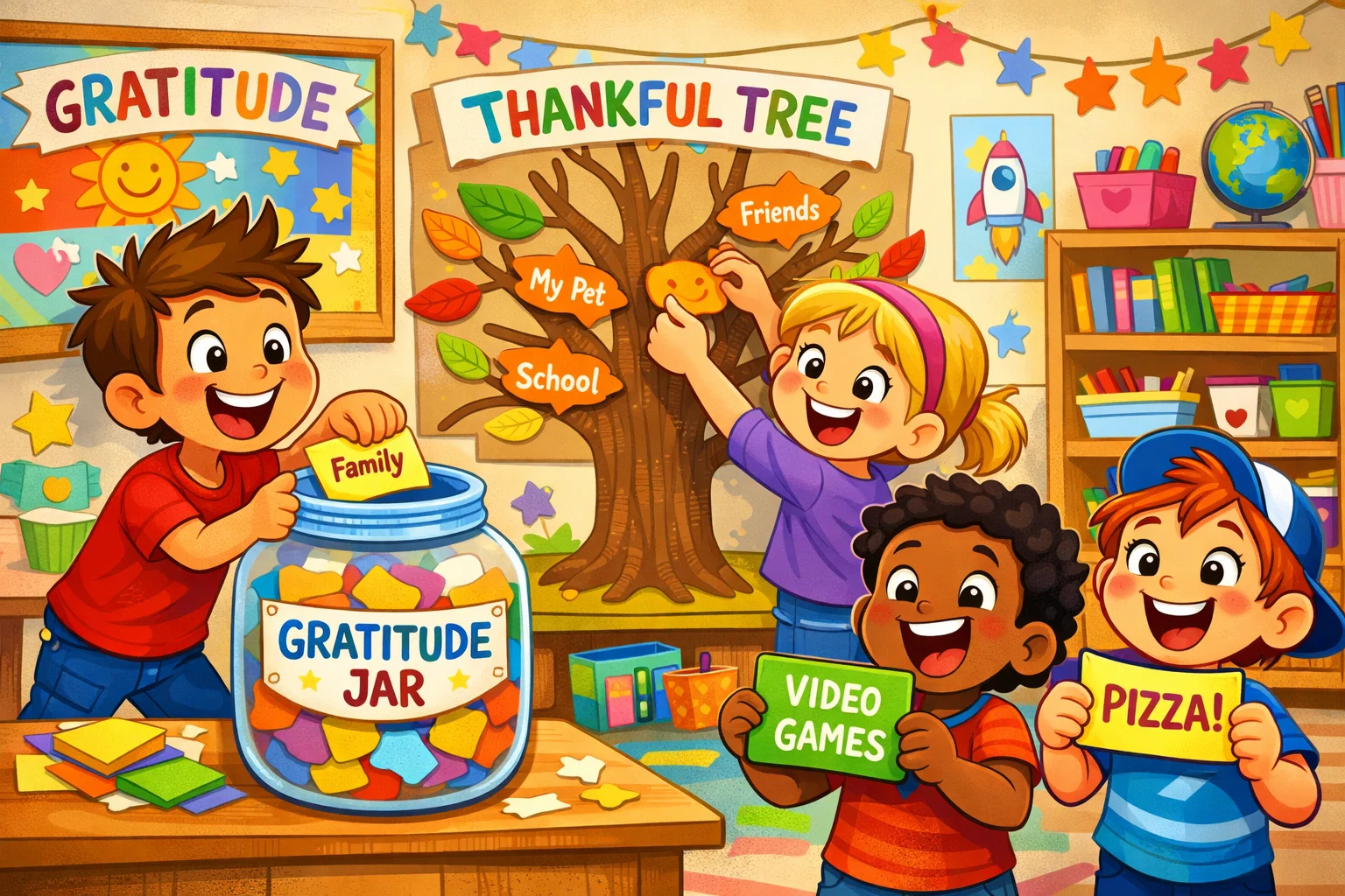 Gratitude games and activities for kids practicing thankfulness through playful group activities.