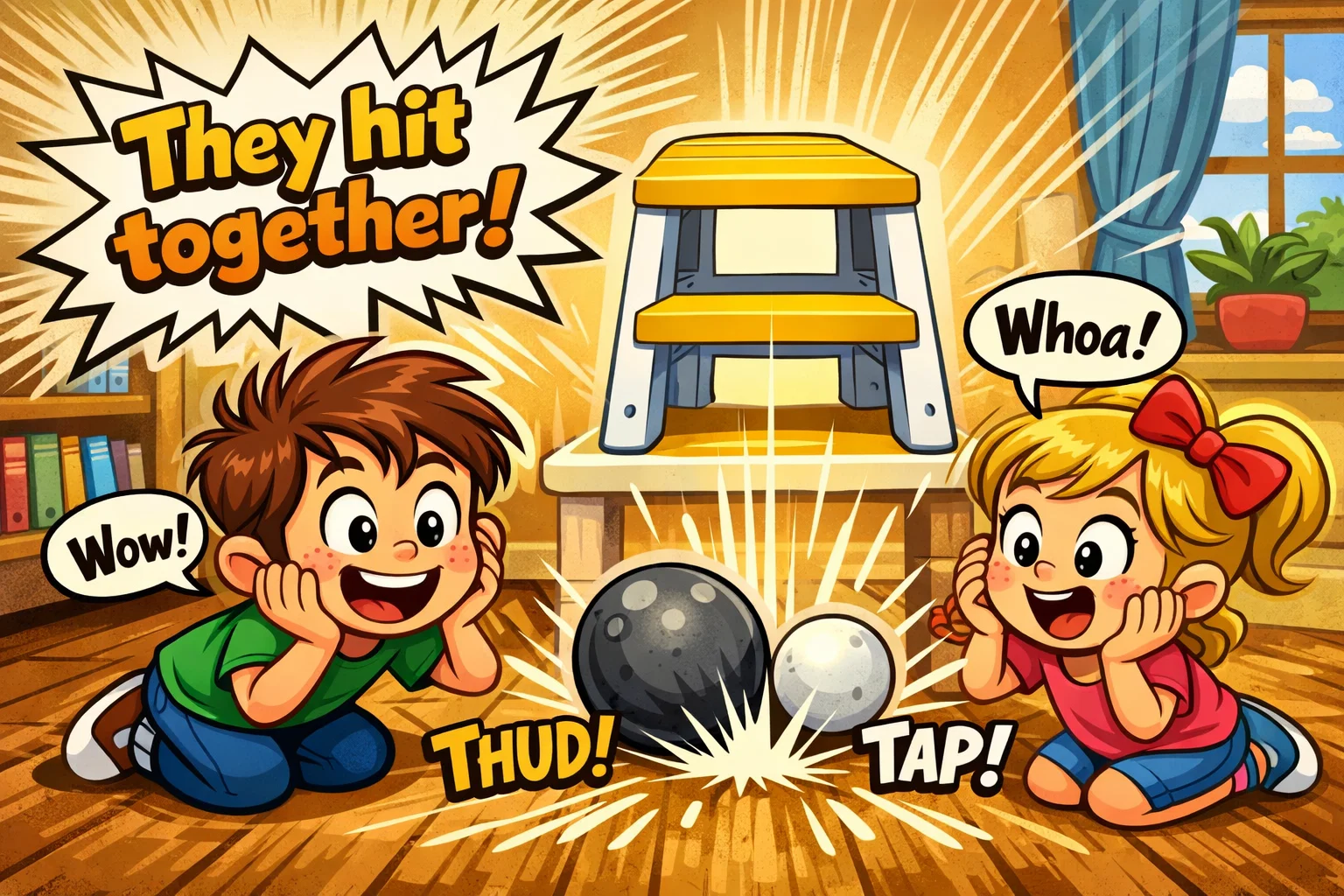 Cartoon of kids doing gravity experiments at home with falling balls and expressive faces in a playful comic style.