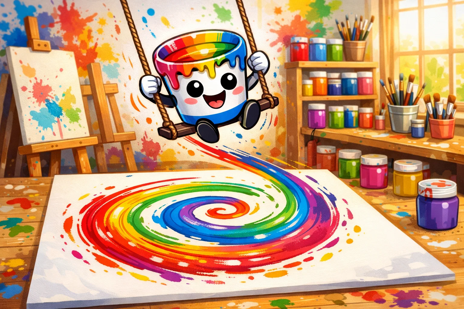 Cartoon of a pendulum painting setup creating colorful spiral art patterns.