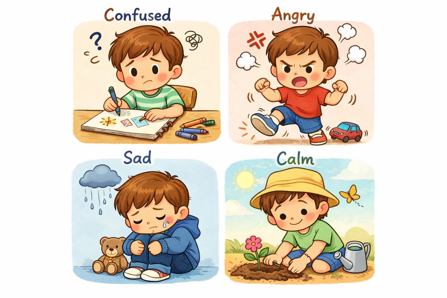 Grief activities for kids by emotional stages shown through child friendly activities.