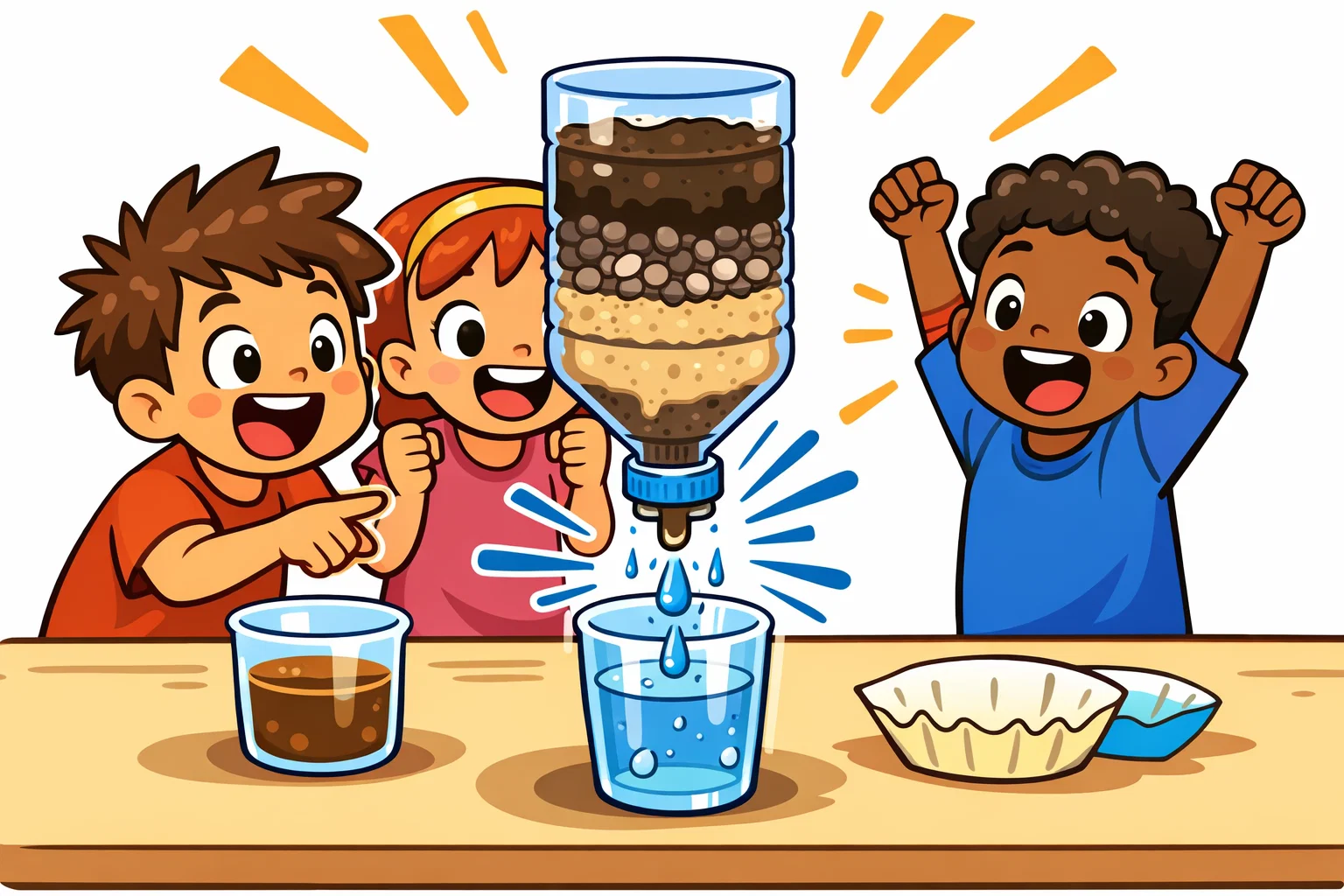 Groundwater filtration experiment for kids using sand and gravel to filter dirty water.