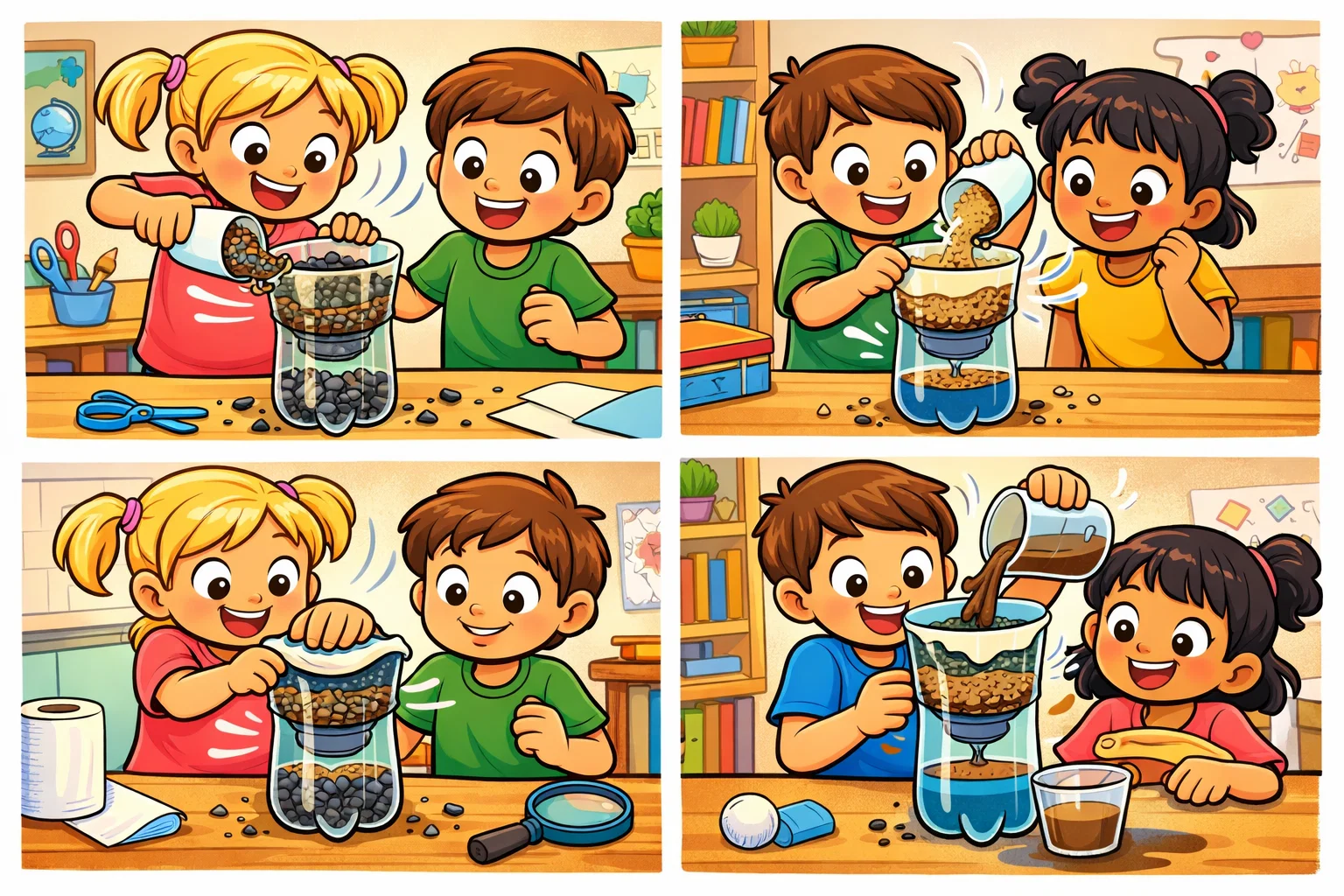 Groundwater filtration experiment steps showing kids building a simple water filter. Groundwater filtration experiment steps showing kids building a simple water filter.