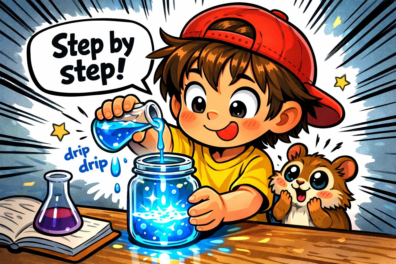A playful cartoon showing a child pouring solution into a jar for a crystal experiment. A playful cartoon showing a child pouring solution into a jar for a crystal experiment.
