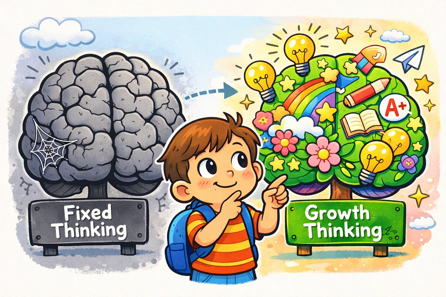 Growth mindset concept for kids shown with learning and positive thinking.