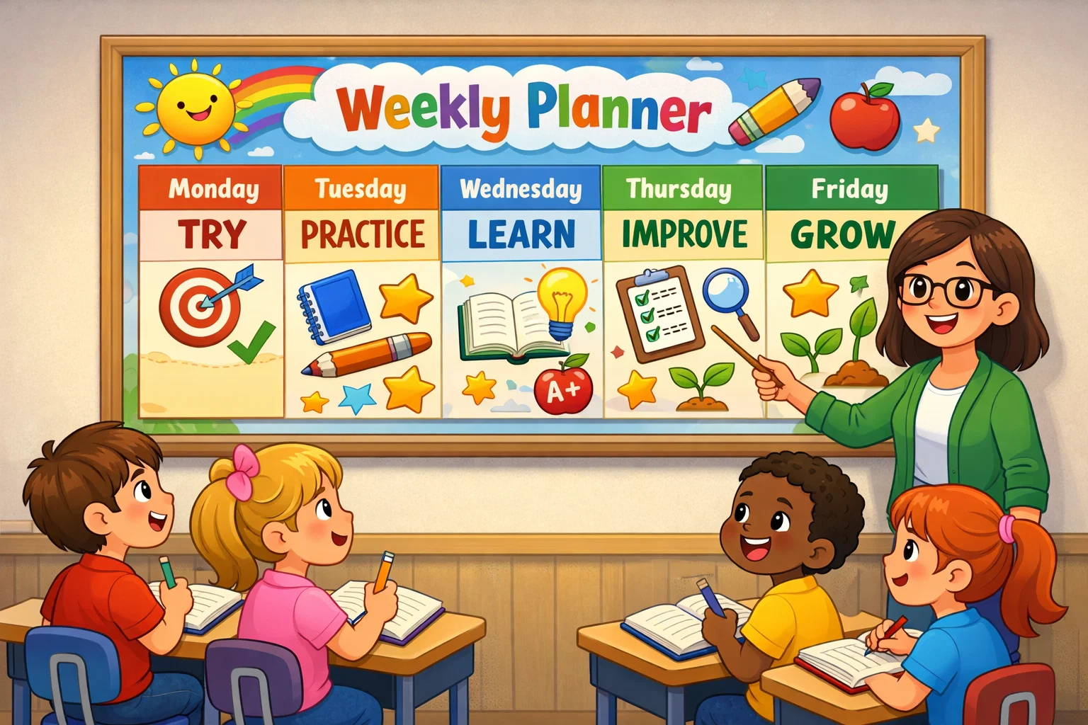 Growth mindset weekly guide for kids with learning goals and progress.