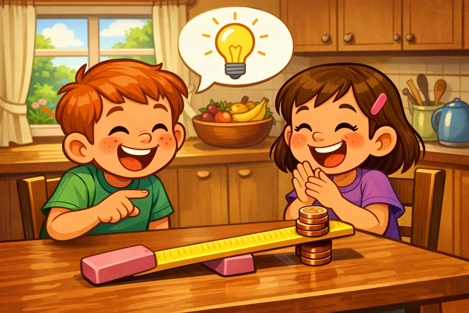 Cartoon of children performing a lever experiment at a kitchen table with a view of a garden outside.