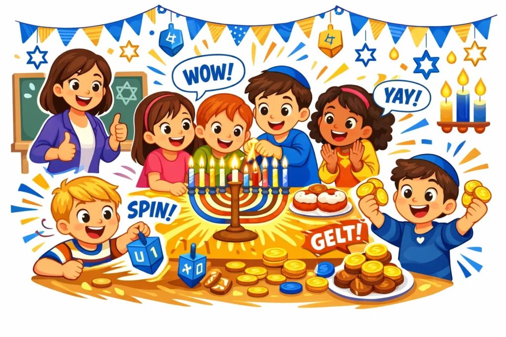 Hanukkah activities for kids playing games, spinning dreidels, and celebrating together.