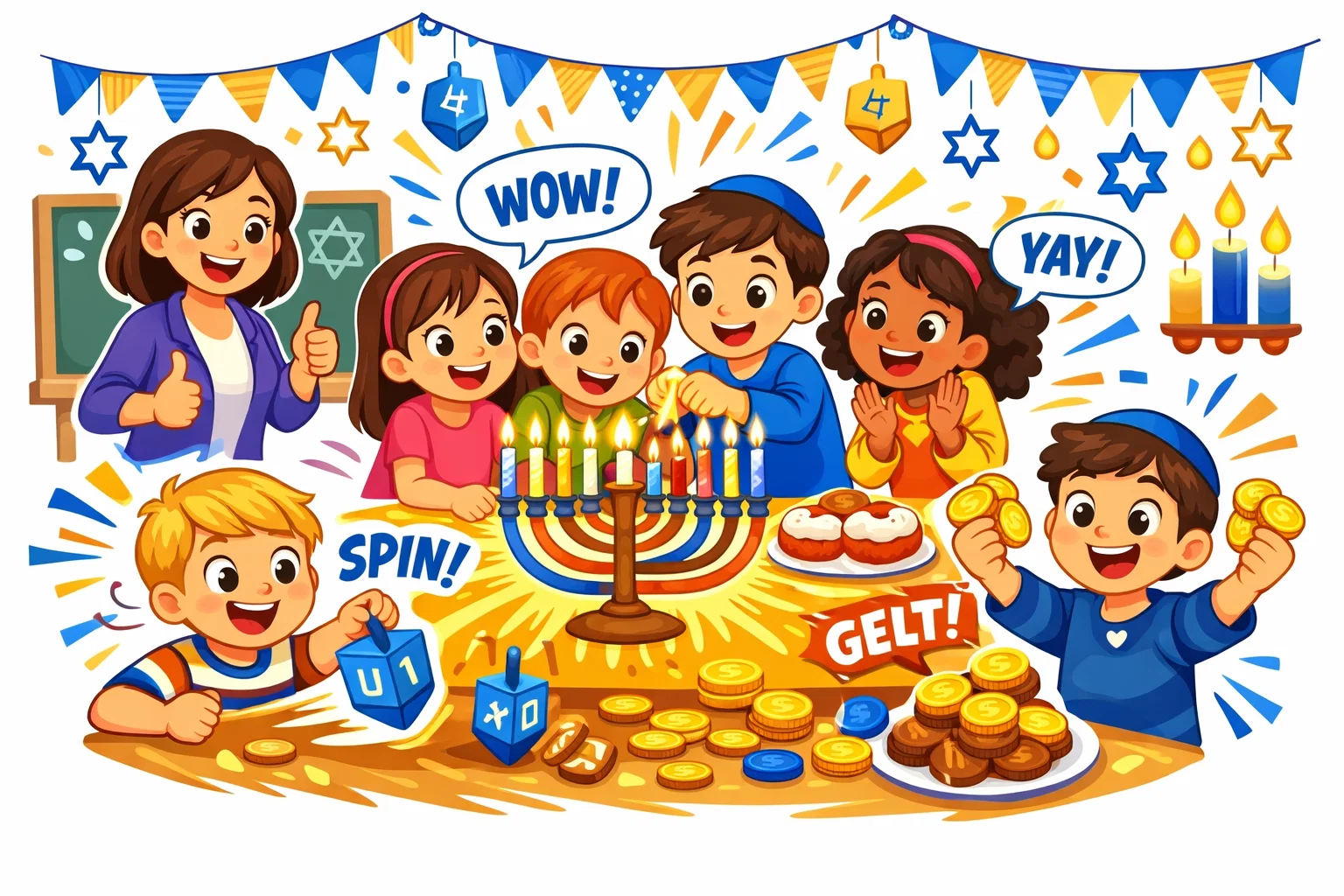 Hanukkah activities for kids playing games, spinning dreidels, and celebrating together.