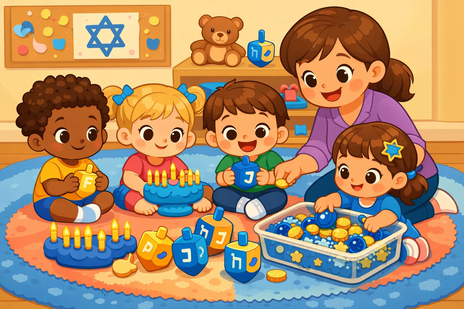 Hanukkah activities for preschoolers with sensory bins, play dough, and dreidels.