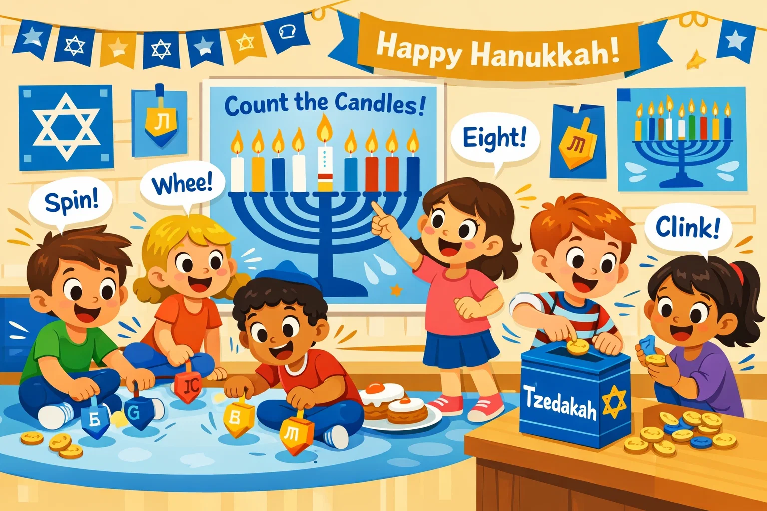 Hanukkah activities with kids enjoying games, crafts, and holiday learning stations.