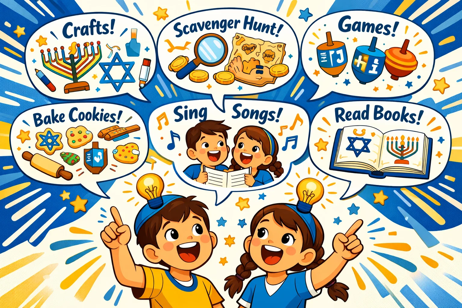 Hanukkah activity ideas for kids shown with crafts, games, and festive inspiration.
