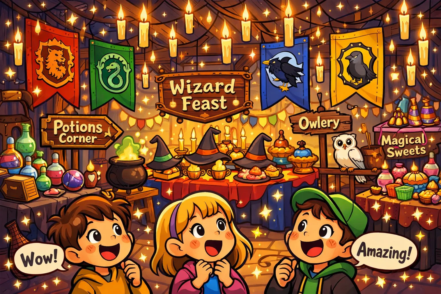 Harry Potter decorations and setup ideas for a magical kids party space.