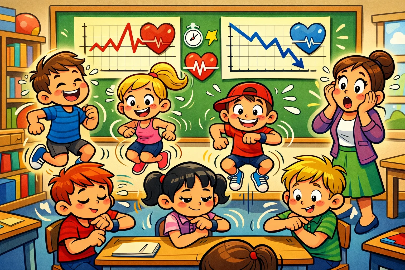 Heart rate experiment for kids showing exercise recovery after physical activity.