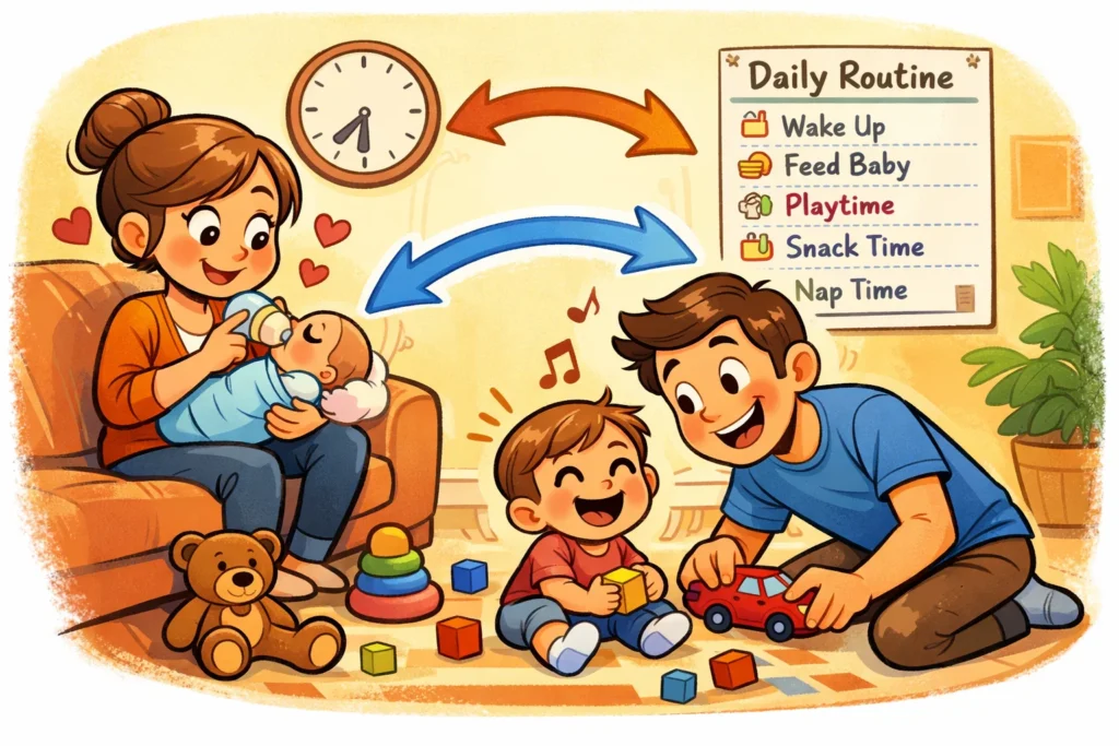 Helping toddler adjust after first meeting with newborn using routine and bonding.
