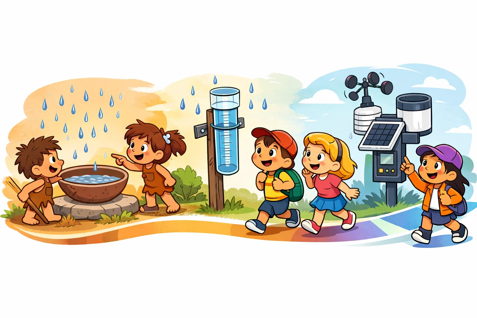 History of rain gauge showing rainfall measurement tools over time.