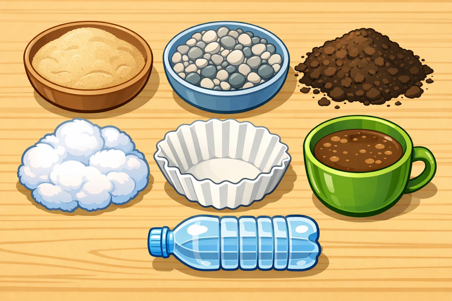 Homemade water filter materials with sand gravel soil and filter layers. Homemade water filter materials with sand gravel soil and filter layers.