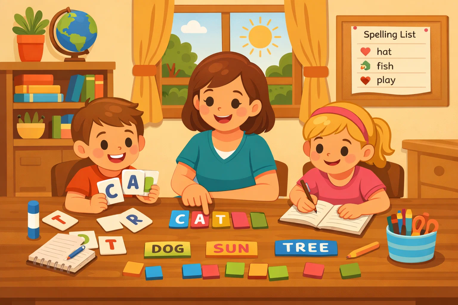 Homeschool spelling activities for kids learning words at home with family.